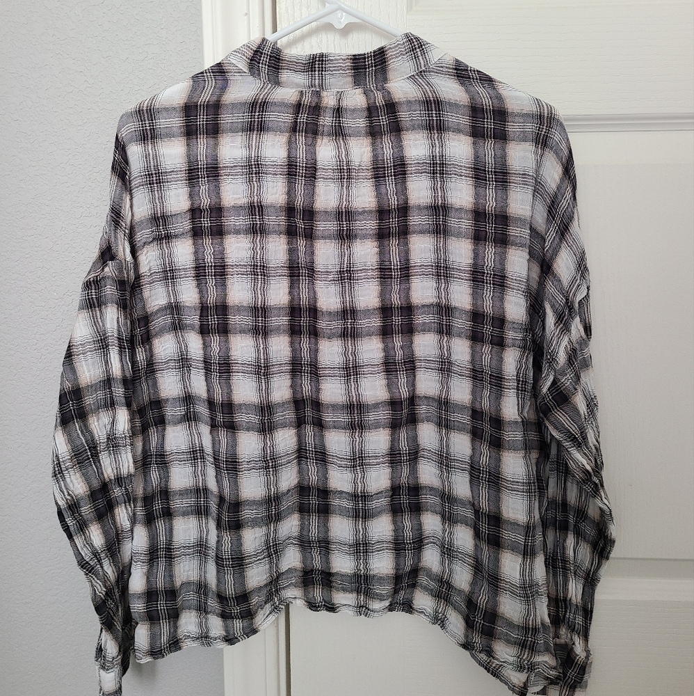 Lush Dolman Long Cuff Sleeves Plaid Stand Collar V-neck Top - Picture 3 of 5